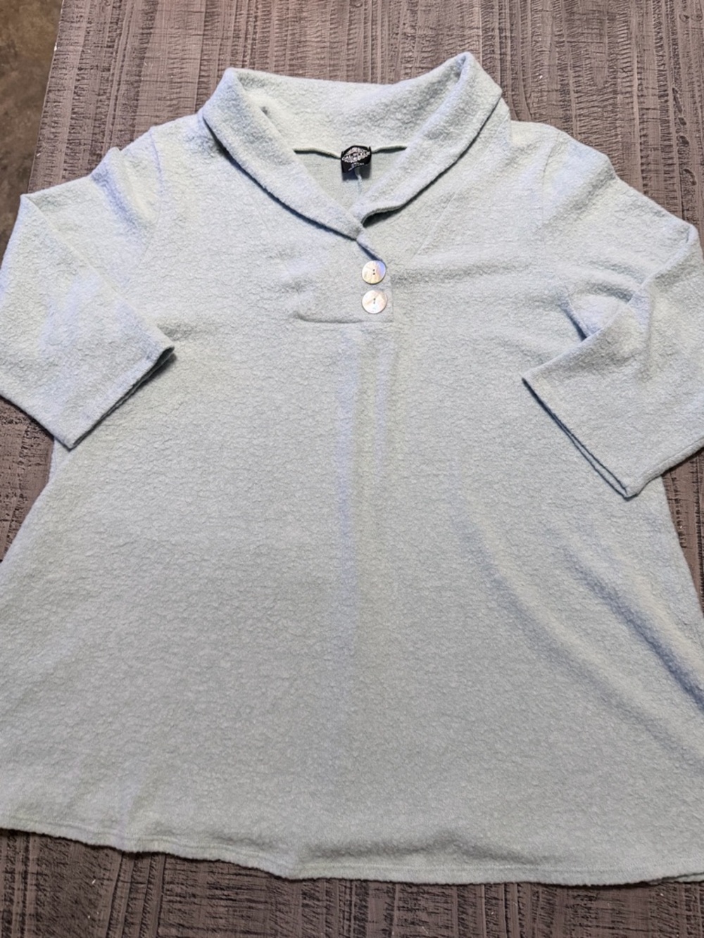 Light Blue Shawl Collar Short 3/4 Sleeve Top with Button Detail Super Soft